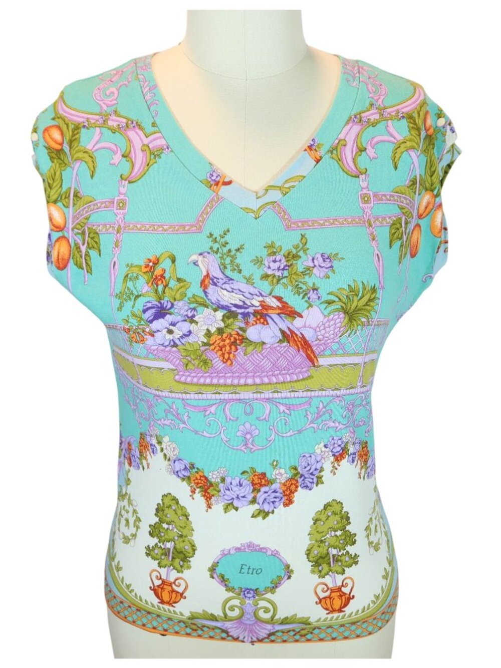 ETRO MILANO Vibrant Bird Floral Print Cap Sleeve Knit Top Size 42/6 Teal Purple